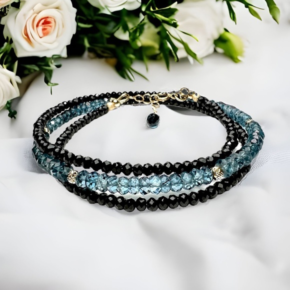 Solid 14k Gold Natural Black Spinel London Blue Topaz Wrap Bracelet | Necklace - Picture 1 of 12